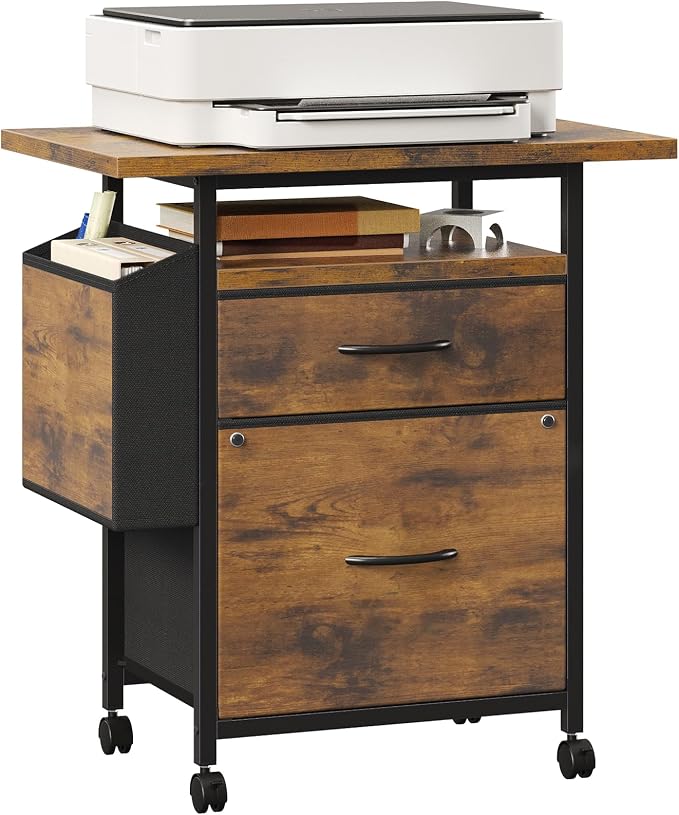 OLIXIS 2 Drawer File Cabinet with 24'' Wide Desktop, Rolling Printer Stand | Printer Cart with Lockable Wheels, Fabric Drawer Cabinet Under Desk with Storage Side Bag for Small Space, Home Office, Brown