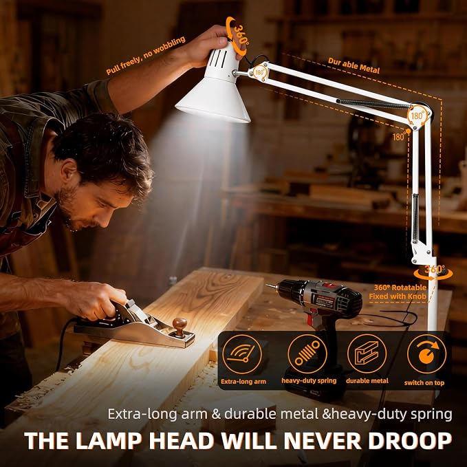 White Dimmable Desk Lamp with Clamp, Extra-Tall Adjustable Swing Arm | Manicurist Table Lamp for Nail Work, Drafting, Sewing, Crafting, Home Office, 3 Color Temperatures, A19 Bulb Included