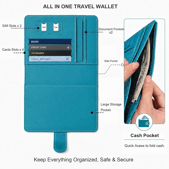 Passport Holder with Air-Tag Slot RFID Blocking Leather Travel Wallet | Multiple Card Compartments, SIM Card Access, Compact Carry Design, Flight Ready Essentials for Men & Women, Blue