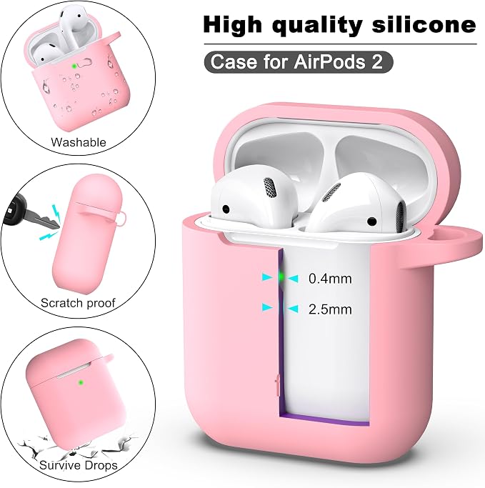 R-fun for AirPods 1/2 Case, Soft Silicone Protective Cover with Keychain and Cleaning Pen, Compatible with AirPods 2nd/1st Generation (2016/2019), Full Drop Protection Cover, Pink