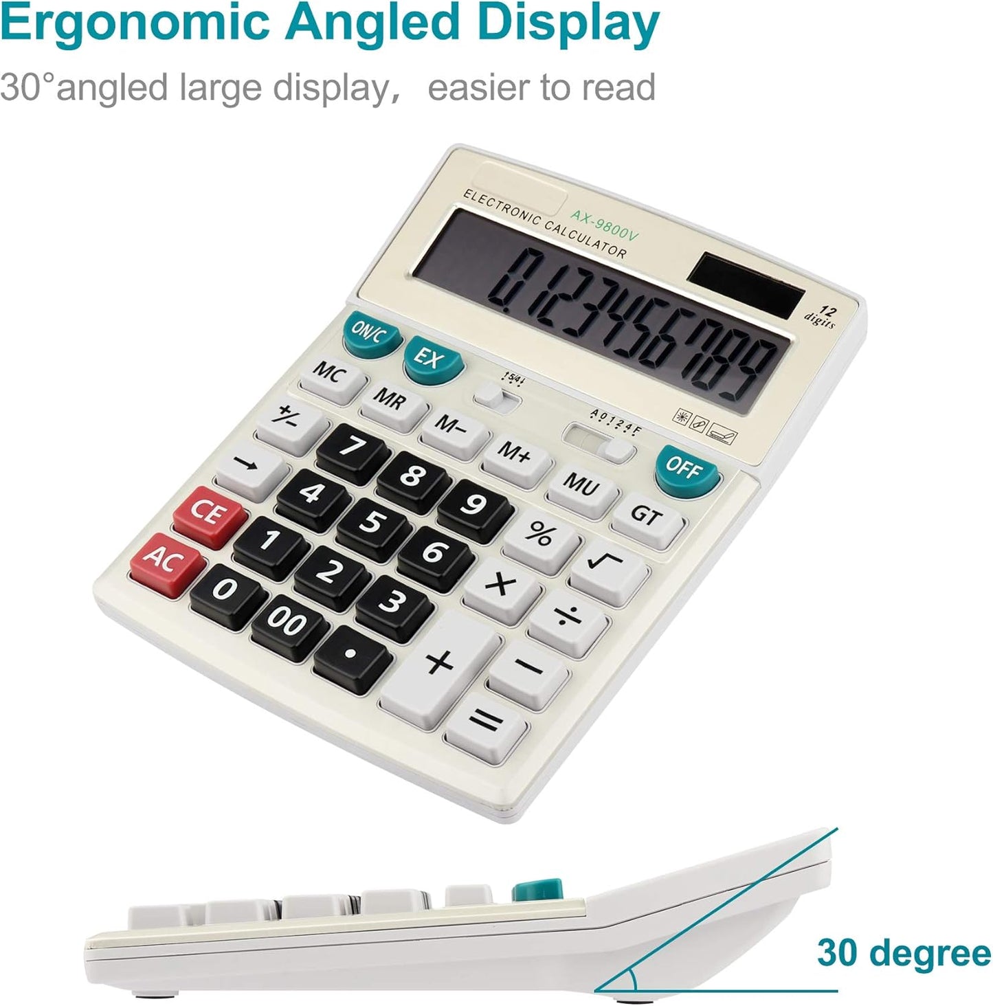 Large Computer Electronic Calculator Counter Solar & Battery Power 12 Digit Display Multi-Functional Big Button for Business Office School Calculating (HY-9800v)