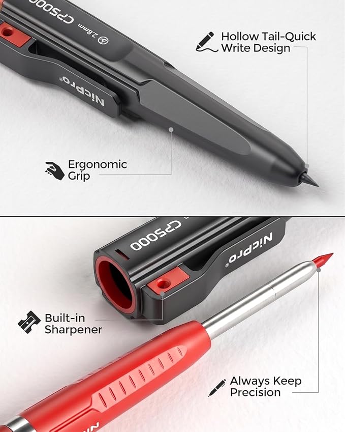 Nicpro 7-in-1 CP5000 Magnetic Carpenter Pencils with Sharpener and Holster | Construction Mechanical Pencil+10 Refill, Deep Hole Marker for Construction, Woodworking Pencil, Carpenter Tools for Marking