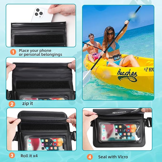 Niveaya 2 Pack Waterproof Fanny Pack for Women Men, IPX8 Waterproof Pouch Dry Belt Bag for Beach, Kayaking, Swimming, Double Space Touchscreen & Photography,Boat Travel Essentials