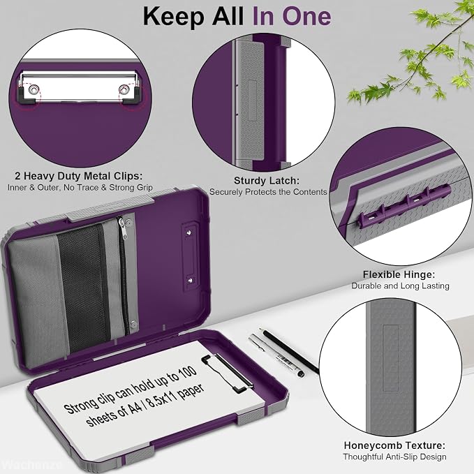 Clipboard, Clipboard with Storage, Heavy Duty Clip Boards 8.5x11, Protective Over Molded Edge, Plastic Clipboards, Contractor Folder with Internal Pen Pouch for Driver (Purple Alfalfa)