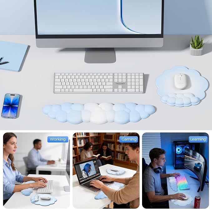 TECKNET Cloud Mouse Pad with Wrist Rest, Ergonomic Cloud Wrist Rest with Non-Slip Base, PU Leather Memory Foam Mouse Pad Wrist Support for Keyboard and Mouse, Pain Relief for Typing, Gaming, Blue