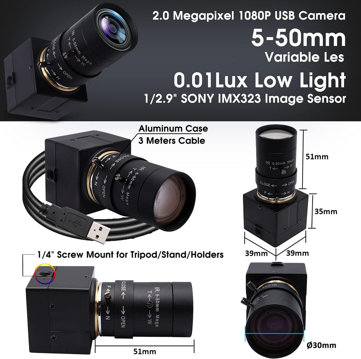 SVPRO USB Web Camera 1080P Full HD Webcam with Zoom Lens, 5-50mm Telephoto Webcam Manual Focus with Sony IMX323 Sensor, H.264 0.01lux Low Light Camera for Industrial Machine Vision,UVC Free Drive