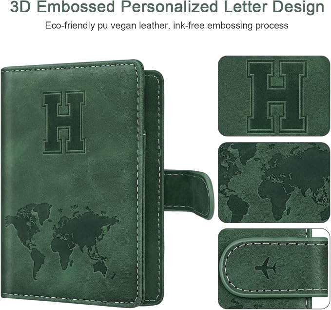 Passport Holder Wallet Cover Personalized Initial Travel Essentials | Embossed Letter A-Z Design, Travel Wallets, RFID Blocking, Passport Book Holders, Women and Men, Personalized Gifts, Green-H