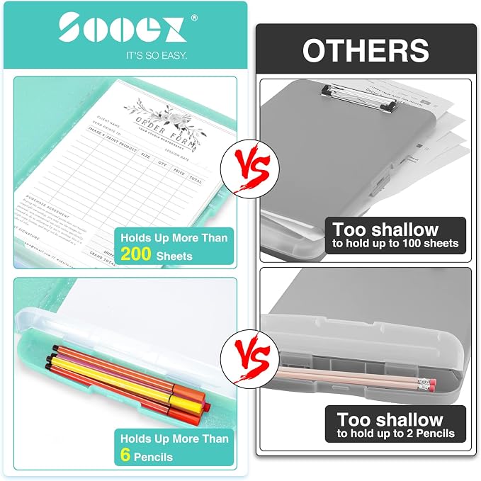 Sooez Glitter Clipboard with Storage, High Capacity Clip Boards 8.5x11 with Pen Holder, Cute Clipboards with Low Profile Clip, Sparkle Plastic Organizer Case Box for Women & Kids, Side Opening
