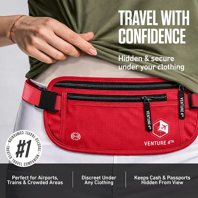 VENTURE 4TH Travel Money Belt, RFID Blocking Passport Holder - Red