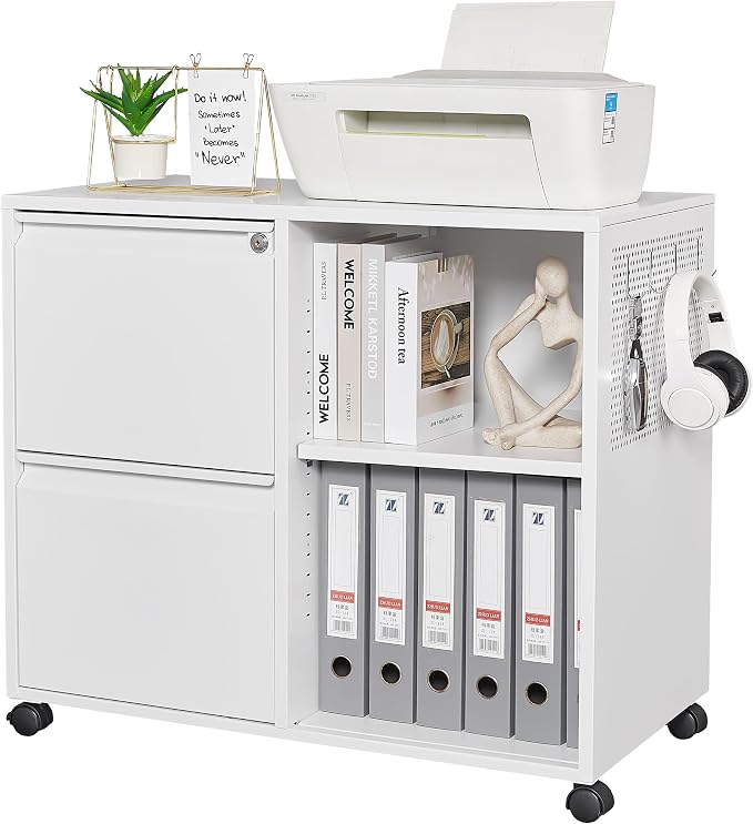 Mobile File Cabinet, Metal Lateral Rolling Printer Stand Filing Cabinets with Shelves for Home Office-Storage A4/F4/Letter (White)