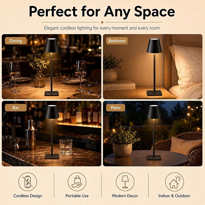 Cordless Table Lamp 2 Pack, Rechargeable LED Ambient Lamp with Up to 54H Runtime, Portable Minimalist Lighting for Bedroom, Restaurant, Bedside & Dining Table, Stepless Dimming (2, Black)
