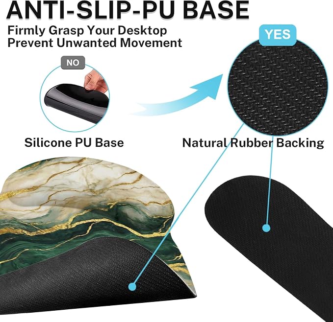 Ergonomic Mouse Pad Set with Wrist Rest, Gold Green Marble | Abstract Non-Slip Rubber Base Wrist Cushion Support and Coasters Mousepad with Wrist Support for Computer Keyboard