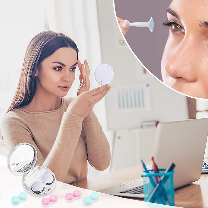 cauyuan Cute Contact Lens Case Portable Travel Box | with Mirror Tweezers Remover Tool Solution Bottle for Office and Outdoor