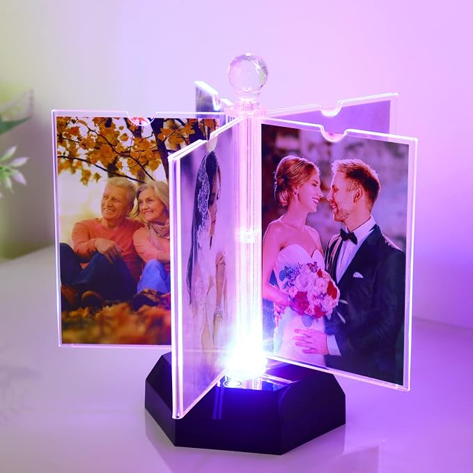 ZEEYUAN Auto-Rotating 4x6 Photo Frame Acrylic Picture Frame with Night Lighting/Multiple Picture Frame to Display 10 Photos,4x6 Family Photo Frame Collage for Desktop