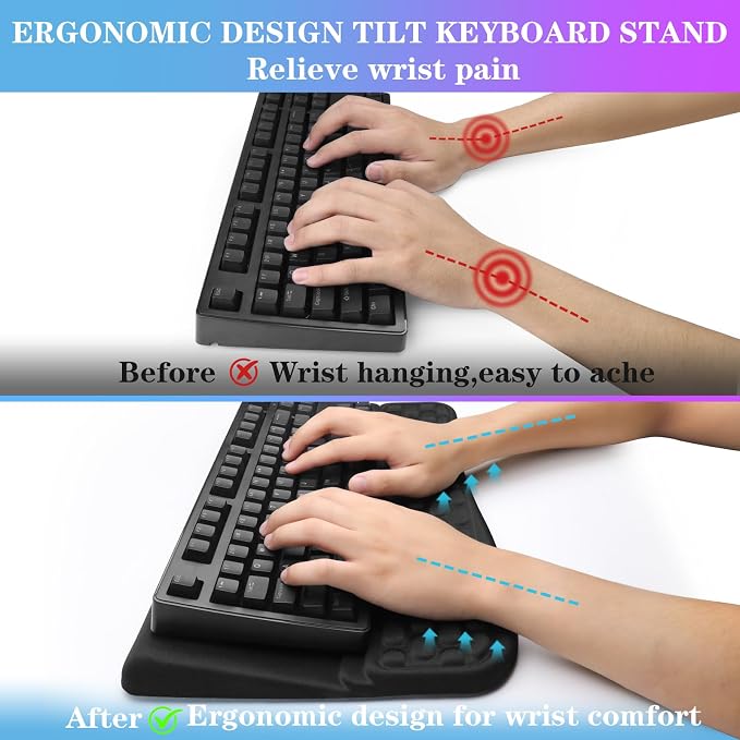 Computer Keyboard Stand with Wrist Rest Support Pad, 02-Black | Ergonomic Comfy Tilted Keyboard Stand Riser Holder Pad for Pain Relief, Soft Memory Foam Desk Cushion for Office Home