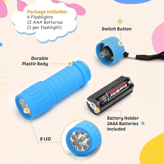 EverBrite 4-Pack Mini LED Flashlight Set, Small Flashlights for Kids in 4 Assorted Colors with 12 AAA Batteries, Fun and Portable for Camping, Emergency, Home, and Holiday Gifts