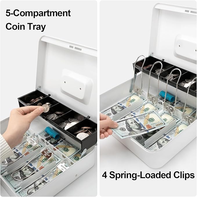 Jssmst Locking Large Metal Cash Box with Money Tray, Money Box with Key Lock, White, SM-CB0504L