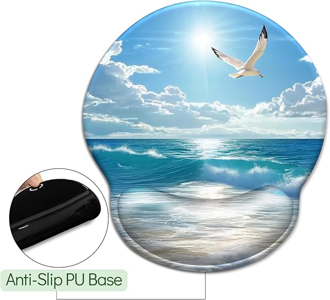 LIMKRIAN Beach Ocean Ergonomic Mouse Pad with Gel Wrist Rest, 9.8 x 8.6 in | Comfort Ergonomic Wrist Support, Non-Slip PU Base, Pain Relief, Funny Computer Mousepad, Cute Office Desk Accessories Decor