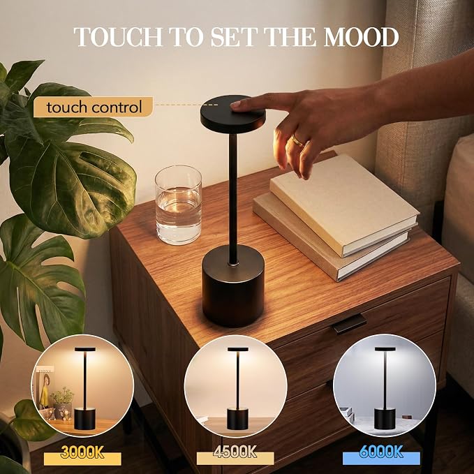 Cordless Table Lamp Set of 2, 5000mAh Rechargeable Lamp with Touch Control & Stepless Dimming, 3 Light Modes, IP54 Waterproof Portable Light for Dining Table, Patio, Bedroom, Power Outage (Black)