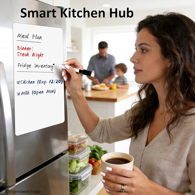 Magnetic White Board for Refrigerator Grocery Lists Stay Visible | Reusable Dry Erase Sheet for Family Shopping Needs - 18" x 12" Fridge Organizer Memo Board with Markers and Eraser