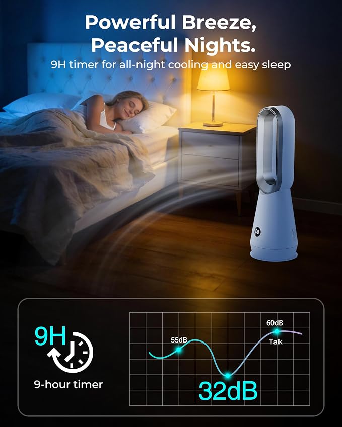 22" Small 32dB Silent Bladeless Tower Fan with Remote, Magnetic Washable Filter, LED Display, 8 Speed Settings, 80 Oscillation, 1-9H Timer, 30W Energy Saving for Indoor Use Bedroom and Office