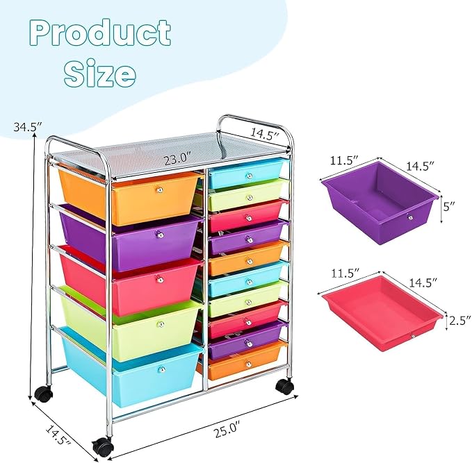 15 Drawer Rolling Storage Cart, Rolling Cart with Drawers for Classroom, Art Supply Craft Organizer on Wheel with Metal Frame & Handles for Home Office School