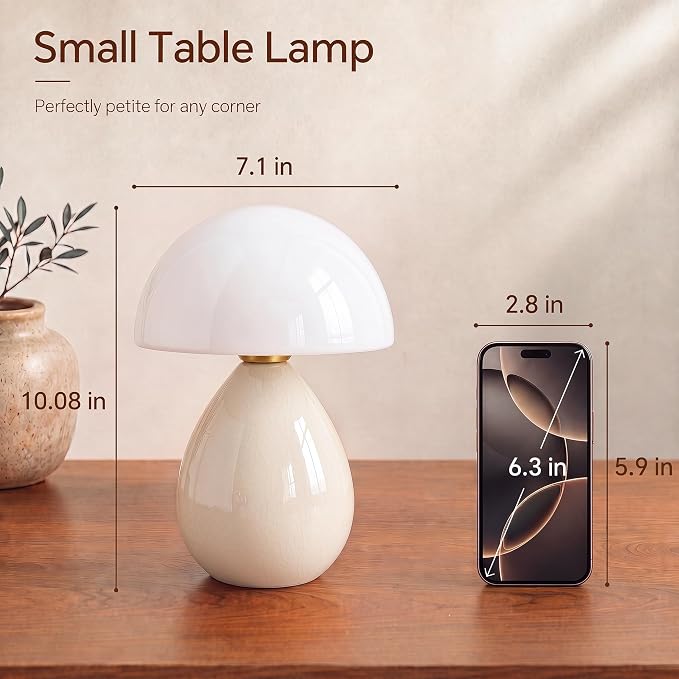 Mushroom Lamp Table Lamp for Bedroom-Small Desk Table Lamps,Cream | Ice Crackle 8.7" Mid Century Modern Table Lamps for Living Room Bedroom Decor,Ceramic Lamps for Home Room Decor,Glass Shade