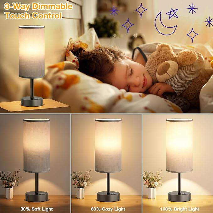 Dicoool Bedside Table Lamp for Bedroom - 3-Way Dimmable Touch Lamp, USB A+C | LED Bulb Included, 14" Small Nightstand Lamp for Desk, Living Room, Guest Room, Grey Fabric Lampshade, Grey Metal Base
