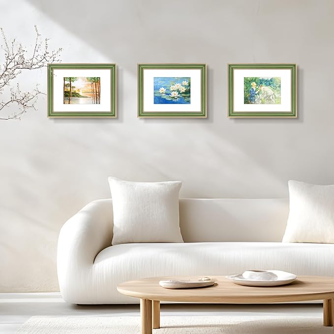 Golden State Art, 9x12 Photo Frame With Mat for Pictures 6x8 and Real Glass (Green With Gold Trim - White Color Mat, 1.25 Inch Frame Border)