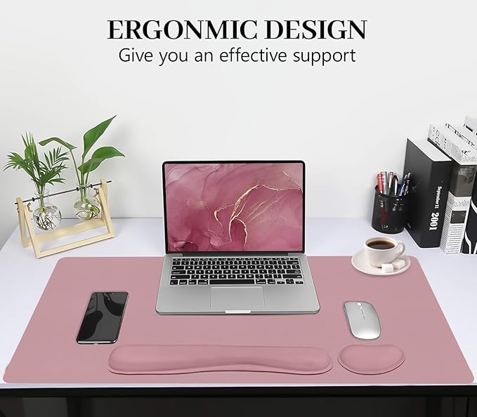 Mouse Pad and Keyboard Wrist Rest, 3-in-1 Keyboard and Mouse Pad | 31.5" x 15.7" Dusty Pink Desk Mat Set,Ergonomic Wrist Support, Non-slip & Waterproof Computer Mat,Desktop Protector for Women