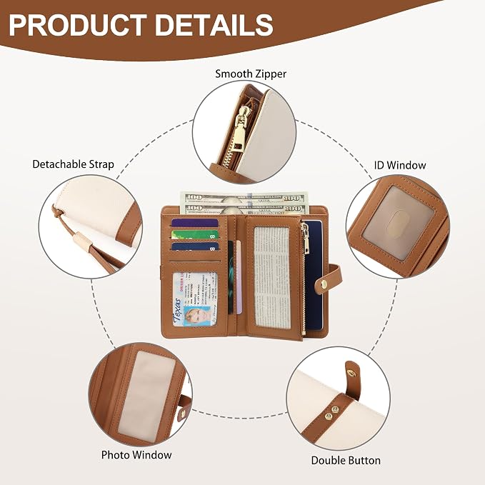 Small Wallet Women RFID Blocking Vegan Leather Slim Thin Bifold Credit Card Wallet Passport Holder Ladies Travel Wallet Mini Purse with Zipper Pocket