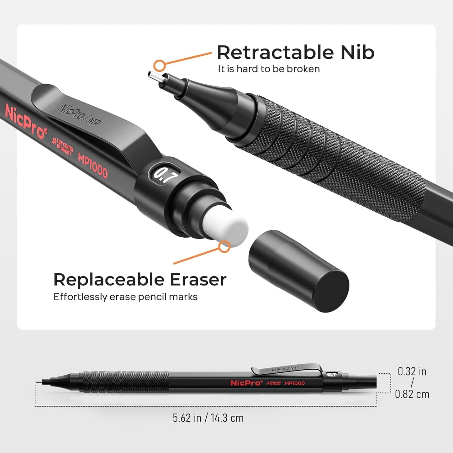 Nicpro 2 PCS Mechanical Pencil 0.5mm & 0.7 mm with Case, MP1000 Metal Artist Pencil Set with 4 Tubes HB Lead Refills, 2 Erasers, 9 Eraser Refills For Art Writing Drafting, Drawing, Sketch, Black
