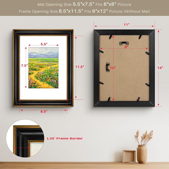 Golden State Art, 9x12 Photo Frame With Mat for Pictures 6x8 and Real Glass (Black With Antique Gold Trim - White Color Mat, 1.25 Inch Frame Border)