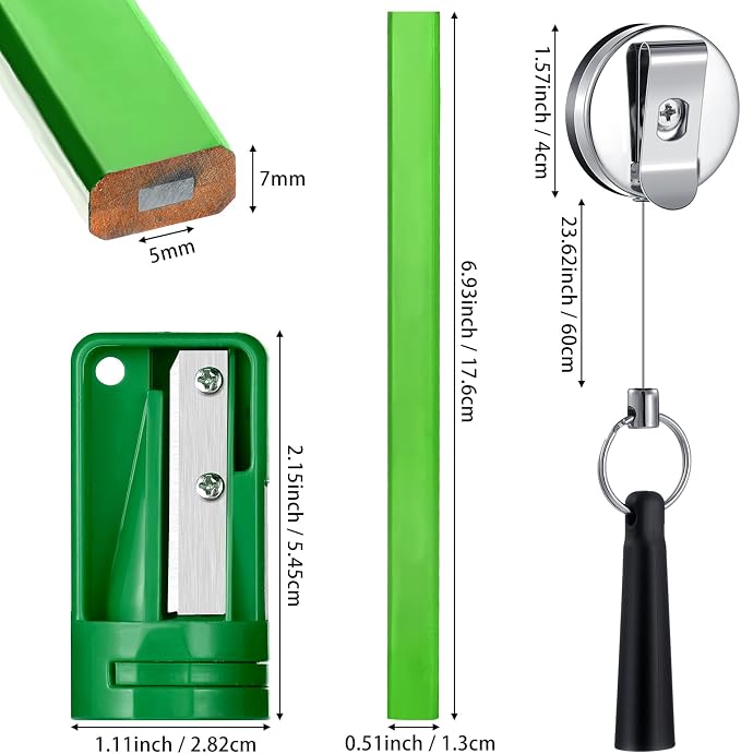 Honoson 24 Pcs Carpenter Pencil with Sharpener,Green Cover, Black Refill | Construction Pencils for Jobsite, Octagonal Flat Design Prevents Rolling, Black Refill Clear Marking, Retractable Pen Holder