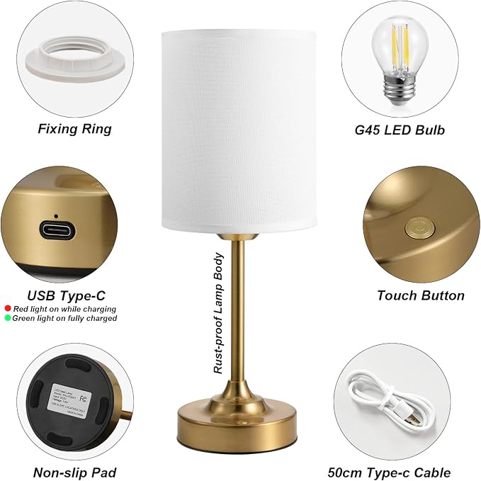 Rechargeable Table Lamp, Battery Operated, Touch Control, Brass, 1 Pack | 4000mAh Battery, USB-C Charging, 3000K Warm Light, Stepless Dimming, Brightness Memory, Up to 40 Hours, Small Table Lamp