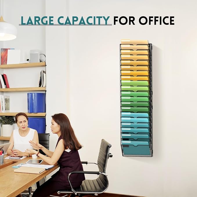 20 Tier Wall File Organizer, Hanging Wall Mounted Mail Organizer with Label Slots, Metal Mesh File Holder Magazine Rack for Office, Home, School or Classroom, Black