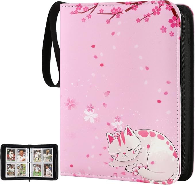 Card Binder 4-pocket,400 Pockets Trading Card Holder Album Book Case for TCG Cards Collection Sports Trading Cards Collector Album for Boys Girls Toys Gift Pink Sakura Cat