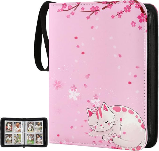Card Binder 4-pocket,400 Pockets Trading Card Holder Album Book Case for TCG Cards Collection Sports Trading Cards Collector Album for Boys Girls Toys Gift Pink Sakura Cat