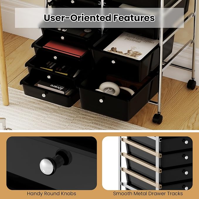 Giantex 15 Drawer Rolling Cart with Drawers, Storage Organizer Cart for Classroom Office School Teacher, Mobile Drawer Cart for Tools, Crafts, Small Printer, Black