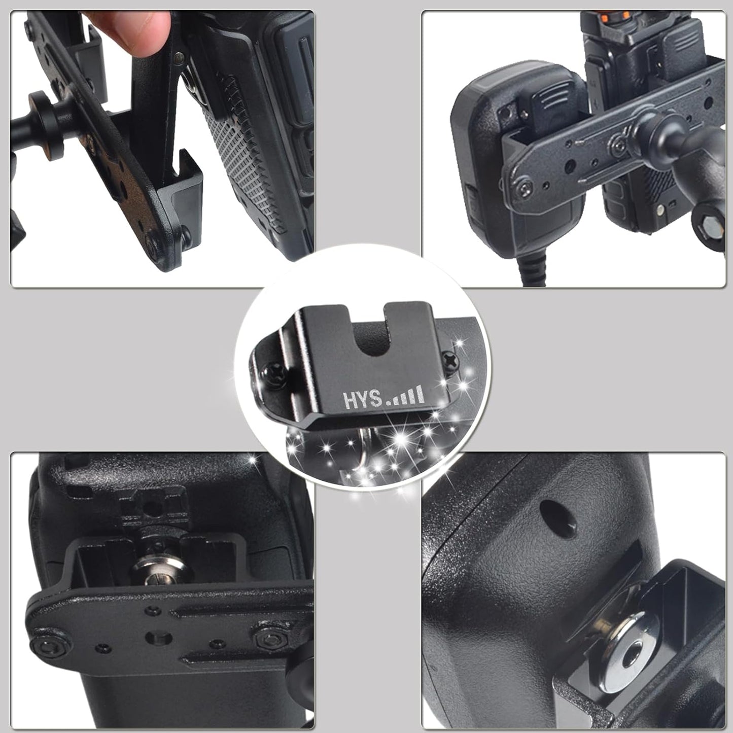 HYS Heavy Duty Drill Base Tablet Handheld CB Radio/Mic Holder Truck Mount, Aluminum 360° Adjustable 2-Stage Stand for Commercial Vehicles Car and Wall, for Handheld CB Radio&Mic with Clip/Round Knob