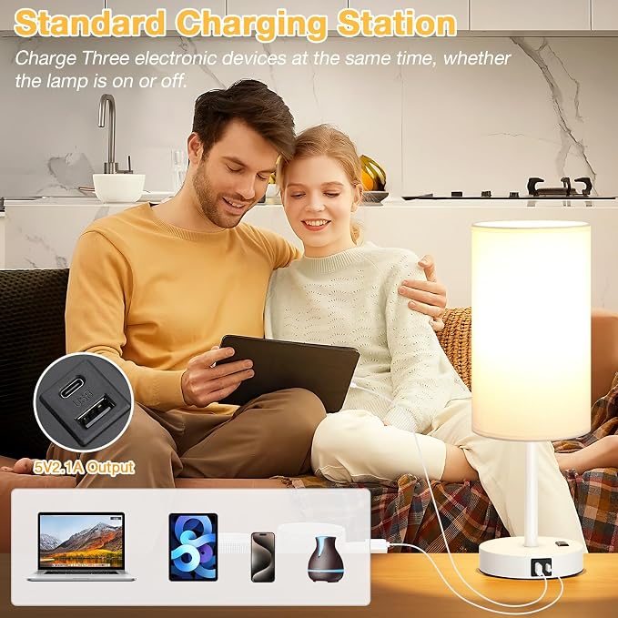 Dicoool 17.4" Bedside Lamp for Bedroom - Dimmable Touch, USB A+C, AC Outlet | LED Bulb Included, 3-Way Dimmable, 17.4" Table Lamp for Living Room, Dorm, White Fabric Lampshade, White Metal Base