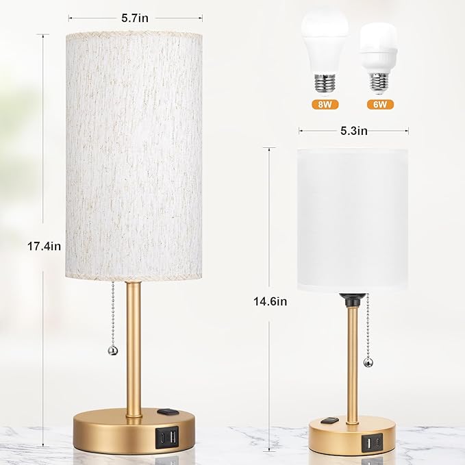 17in Bedside Table Lamp for Bedroom, Desk Lamp with USB Ports for Dorm | 17" Night Stand Lamp, USB A+C Ports, AC Outlet, 3 Color Temperatures, LED Bulb Included, Linen-Fabric Shade, Gold Brass Base