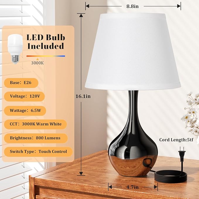 16.1" Touch Table Lamp for Nightstand, 3 Way Dimmable Small Bedroom Lamp | Touch Control, Bulb Included, Pearl-black Bedside Lamps for Desk, Night Stands, Living Room, End Table, Corded