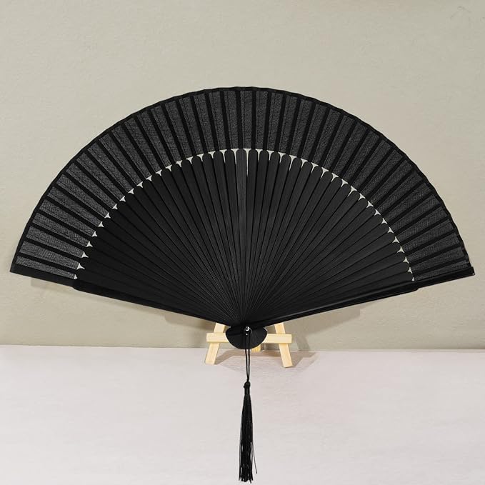 Wobe Hand Held Bamboo Silk Folding Fan, Chinese Japanese Handheld Fan with Tassel Wooden Charming Elegant Vintage Retro Style for Women Ladys Girls Dance Party Home Decorations (Black)