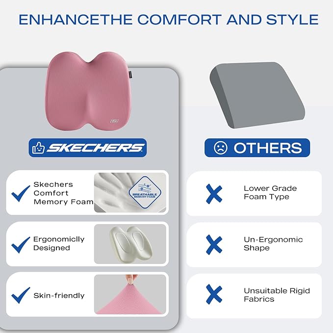Skechers Seat Cushion, Ergonomic Memory Foam Cushion for Long Sitting Hours on Office & Home Chair, Car Seat Cushion for Sciatica, Coccyx Cushion,Pink