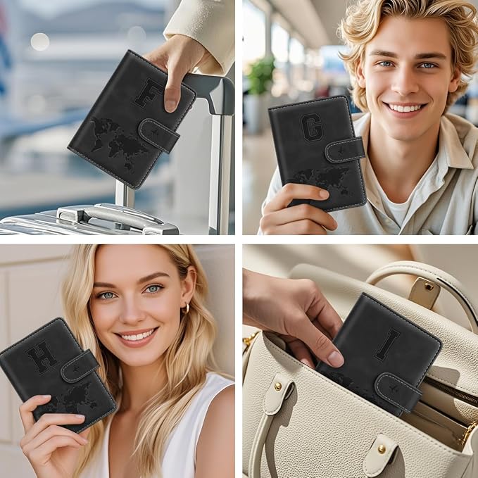 Passport Holder for Travel Essentials Personalized Initial Wallets | Embossed Letter A-Z Design, RFID Blocking, Passport Cover, Passport Book Holders, Men Women, Personalized Gifts, Black-H