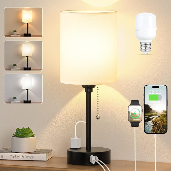 Dicoool Bedside Table Lamp for Bedroom - Small Desk Lamp with USB Ports | USB A+C Ports, AC Outlet, 3 Color Temperatures, LED Bulb Included, White Fabric Shade, Black Metal Base, 14" Nightstand lamp
