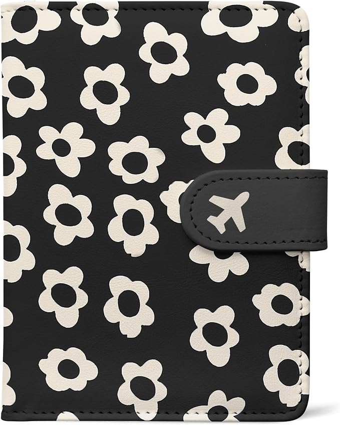 Passport Holder, Cute Travel Wallet Cover with RFID Blocking,Flower | PU leather travel wallet with magnetic closure, card slots, pen loop, and easy access for passports and essentials.