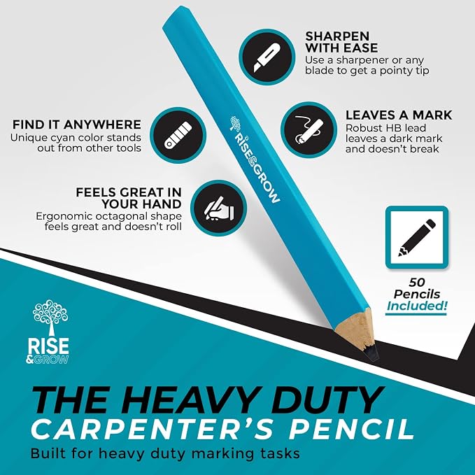 Rise & Grow 50 Set, Blue Carpenters Pencils Bulk 7” – HB Lead Flat Construction Pencils for Men and Women - Woodworking Pencil for Marking Wood, Concrete and Plastic (Blue)