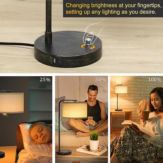 25" Tall Bedside Table Lamp with USB C+A Ports, Fully Dimmable Desk Lamp | Industrial Minimalist Nightstand Lamp, Vintage Reading Light for Bedroom Living Room Office, 3000K LED Bulb Included
